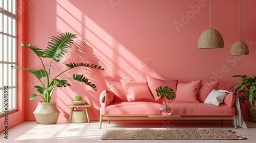 A cozy living room decorated in warm pink hues, with minimalist furniture and decor creating a comfortable and welcoming ambiance. The image provides ample copy space for customization.