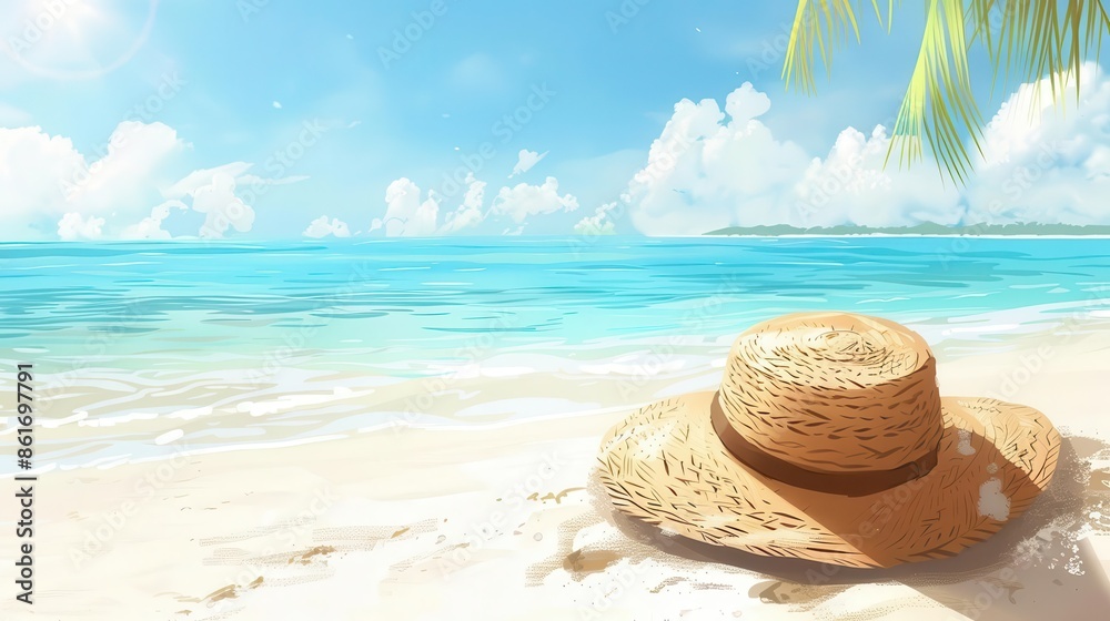 straw hat on white sand at tropical beach paradise concept illustration straw hat on white sand at tropical beach paradise concept illustration