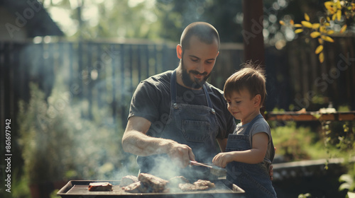 An arrangement of a father and child grilling together in the backyard, showcasing a fun and bonding activity, grilling together, hd, with copy space, inscription Father's Day