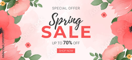 Spring sale with watercolor flowers. Spring banner