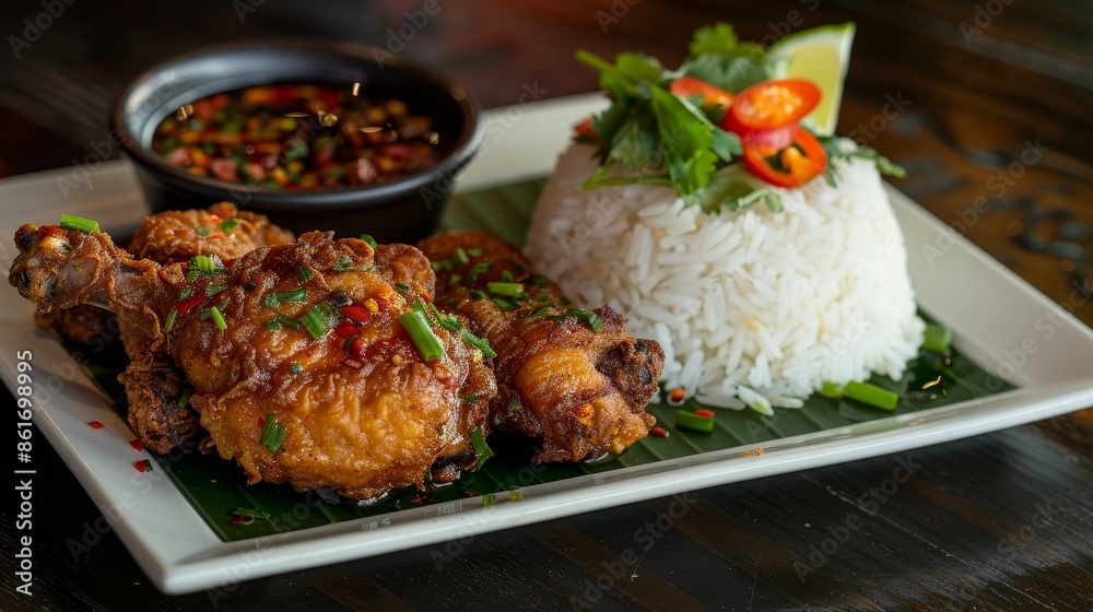 Delicious Thai Fried Chicken with Sticky Rice and Spicy Dipping Sauce Delicious Thai Fried Chicken with Sticky Rice and Spicy Dipping Sauce