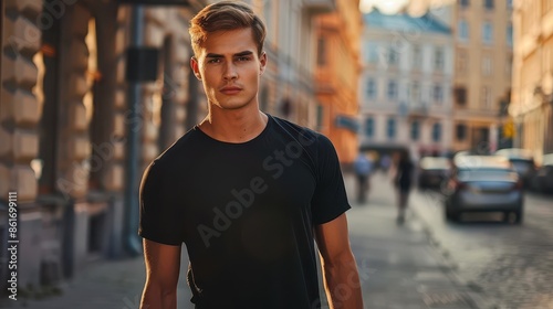 stylish male model in black cotton tshirt posing on city street urban fashion photography