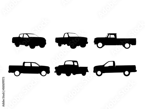 Set of Pickup Truck Silhouette in various poses isolated on white background