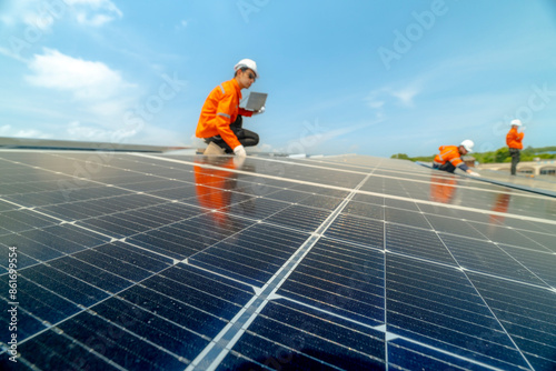 Wallpaper Mural engineer man inspects construction of solar cell panel or photovoltaic cell by electronic device. Industrial Renewable energy of green power. factory worker working on tower roof. Torontodigital.ca