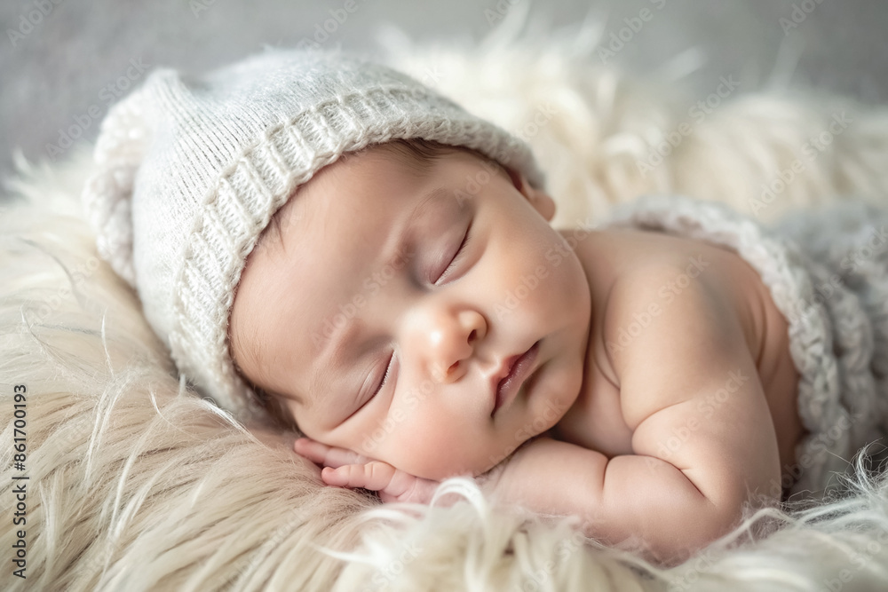 A charming baby in a knitted hat sleeps sweetly on a fluffy blanket. Selective focus.
