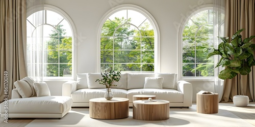 Spacious Living Room Featuring Cream Sofa, Arched Window, and Two Coffee Tables. Concept Living Room Decor, Cream Sofa, Arched Window, Coffee Tables, Spacious Interiors © Anastasiia