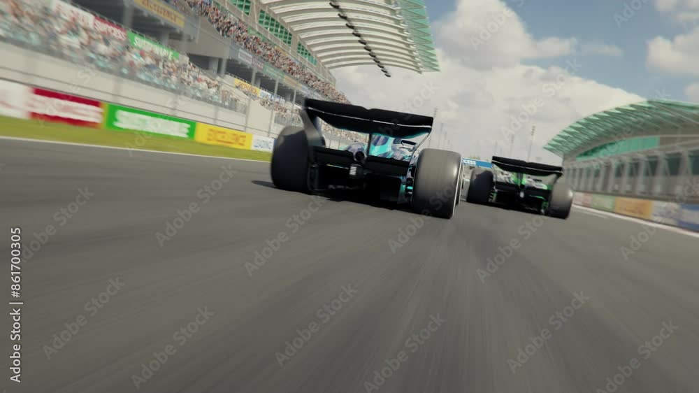 Dynamic high speed drone shot passing generic formula one race cars racing along the homestretch over the finish line. High quality 3d animation