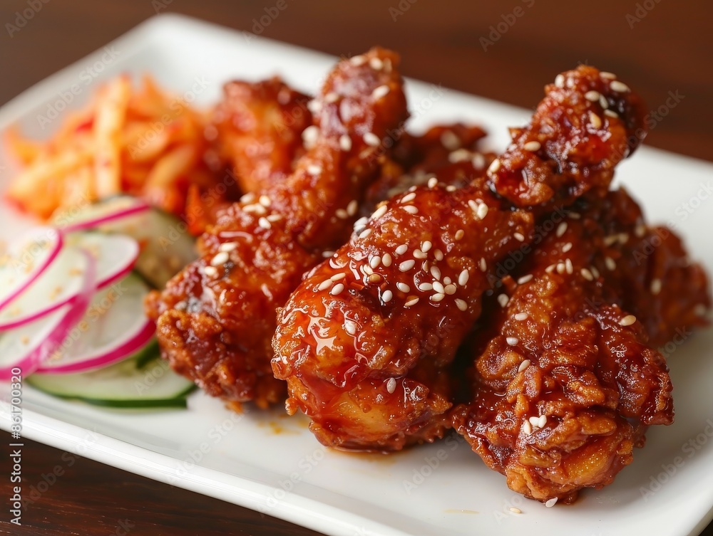 Crispy Korean Fried Chicken and Pickled Radish Delight on White Plate Crispy Korean Fried Chicken and Pickled Radish Delight on White Plate