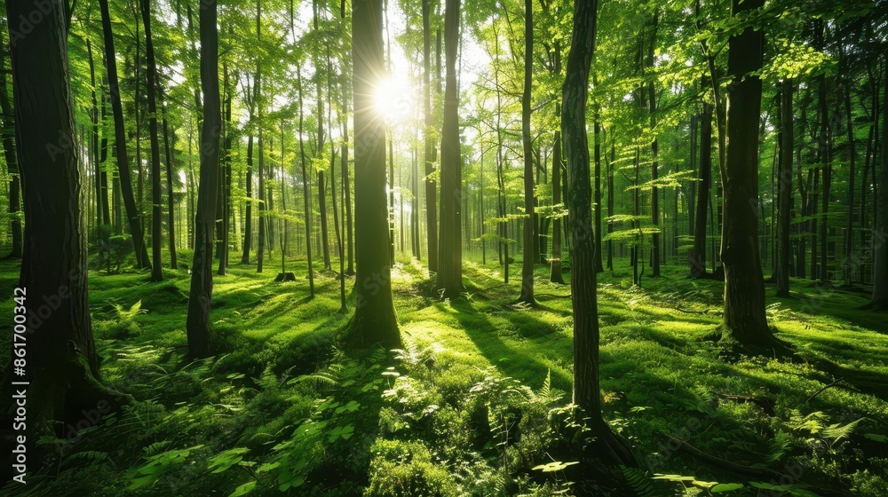 Fototapeta premium sunlight filtering through towering green trees in mystical forest serene nature landscape