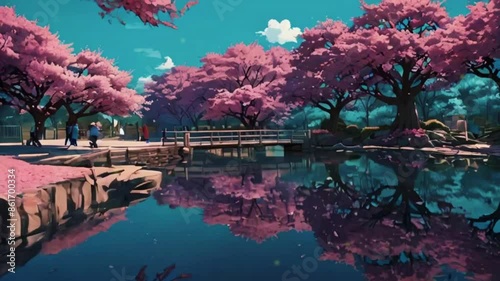 A serene park filled with cherry blossom trees in full bloom, petals gently falling, and a small pond with koi fish swimming, zoom OBS, anime chill hip hop. Cyan purple colours manga style photo