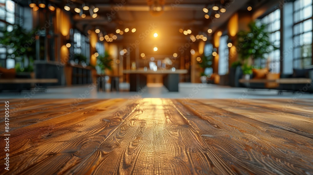 A beautifully lit, modern open-space interior with a focus on the polished wooden table and ambient lighting. A beautifully lit, modern open-space interior with a focus on the polished wooden table and ambient lighting.