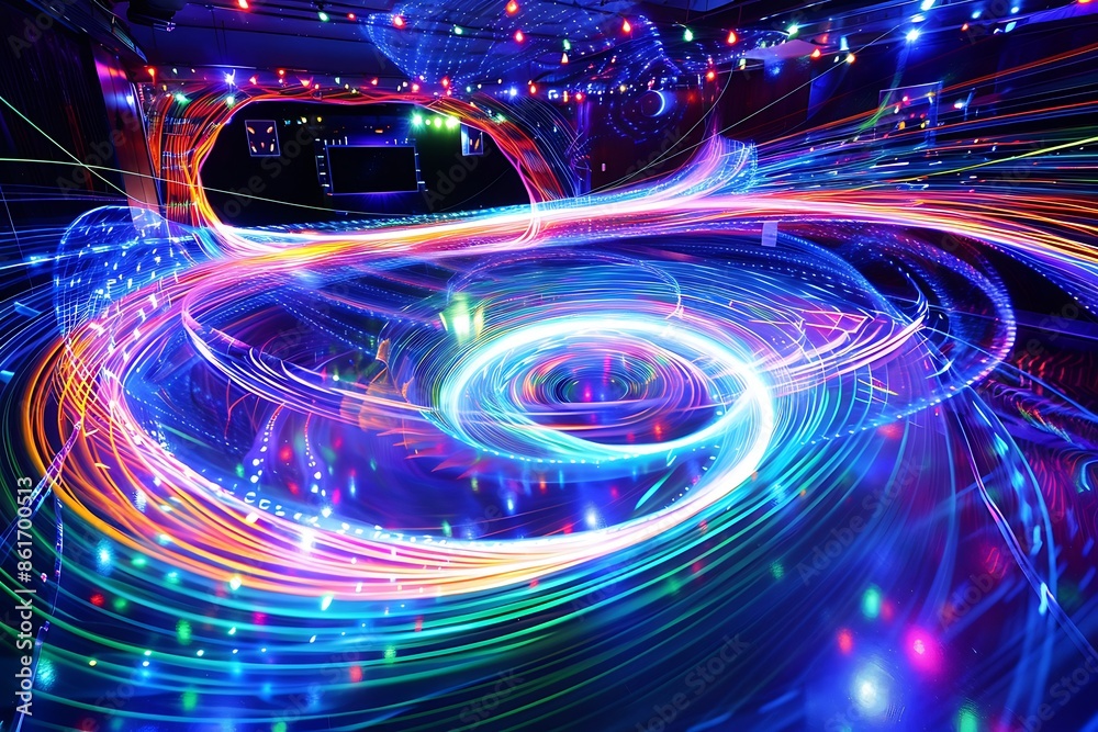 A vortex of holographic light beams in a futuristic dance club