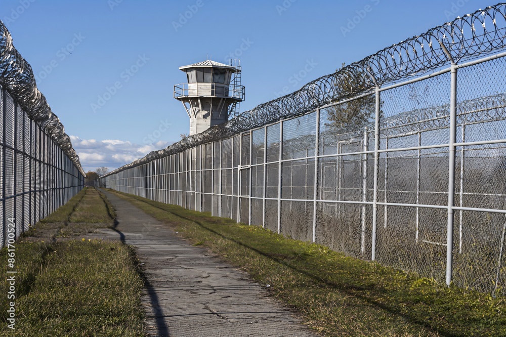 High security prison exterior with watchtower and razor wire fencing is representing the concept of confinement and imprisonment High security prison exterior with watchtower and razor wire fencing is representing the concept of confinement and imprisonment