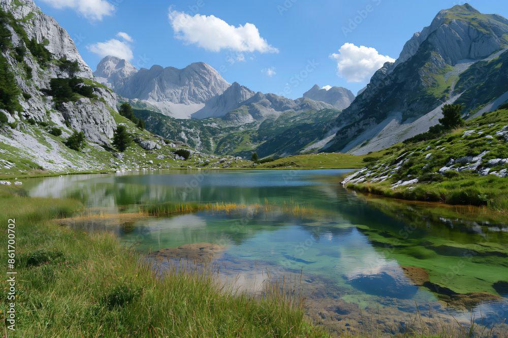 Naklejka premium Pristine alpine lake is reflecting the blue sky and the rocky peaks of the surrounding mountains on a beautiful summer day
