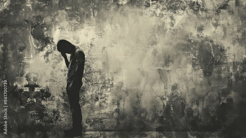 Obraz premium A man is standing in a dark room with a sad expression on his face. The room is covered in graffiti and the walls are dirty. Scene is somber and melancholic