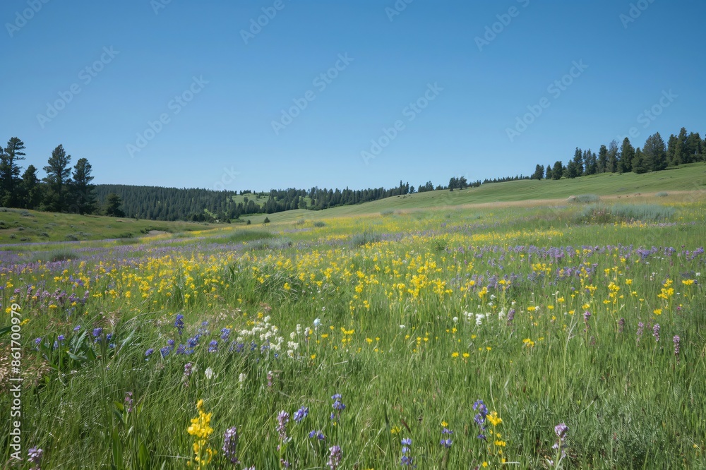 Beautiful meadow is blooming with wildflowers in the summertime with a clear blue sky Beautiful meadow is blooming with wildflowers in the summertime with a clear blue sky
