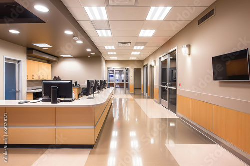 Modern and spacious police station interior featuring a reception desk with computers, bright lighting, and a welcoming atmosphere
