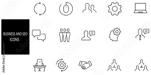 Business and Seo simple concept 15 icons set. Business, traffic, optimization, target. Search Engine and Marketing icons for web and mobile app.Vector illustration.