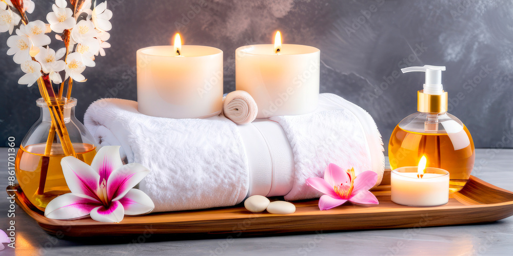 spa skin care product set decoration, towel candle, oil bottle spa skin care product set decoration, towel candle, oil bottle