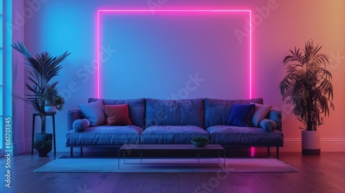 A modern living room with a neon light fixture, providing a minimalistic and stylish look. The image features plenty of copy space for adding text or graphics, making it ideal for various design