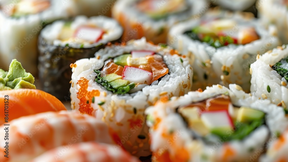 Fresh sushi rolls with a variety of ingredients, beautifully arranged and ready to be enjoyed as a culinary delight. Fresh sushi rolls with a variety of ingredients, beautifully arranged and ready to be enjoyed as a culinary delight.