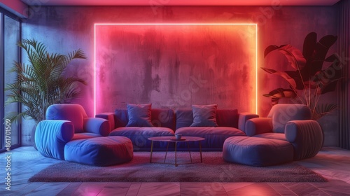 A modern living room with neon accents, offering a sleek and stylish look. The photo includes plenty of copy space, making it ideal for advertising or promotional materials.