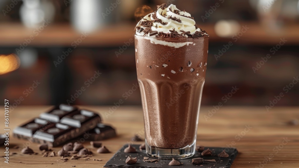 A delicious chocolate milkshake topped with whipped cream and chocolate shavings on a wooden table in a cozy cafe setting. A delicious chocolate milkshake topped with whipped cream and chocolate shavings on a wooden table in a cozy cafe setting.