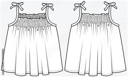 SMOCKING DETAILED SUMMER WOVEN TOP  WITH TIE UP DETAIL DESIGNED FOR TODDLER AND KID GIRLS IN VECTOR FILE