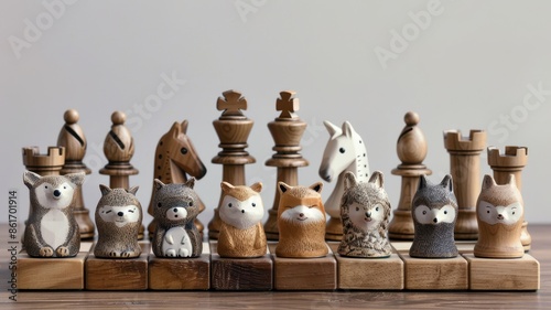 Fototapeta Naklejka Na Ścianę i Meble -  Adorable animal-themed chess set featuring wooden pieces of various cute animal figurines against a minimalist background.