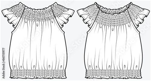 SMOCKING DETAILED SUMMER WOVEN TOP  WITH ELASTICATED WAIST DETAIL DESIGNED FOR TEEN GIRLS AND KID GIRLS IN VECTOR FILE