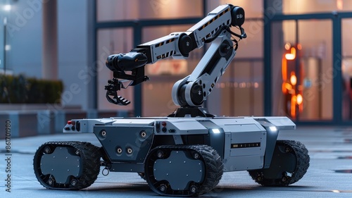 Advanced robotic arm on a mobile unit, ideal for industrial automation and technology advancements in engineering and robotics.