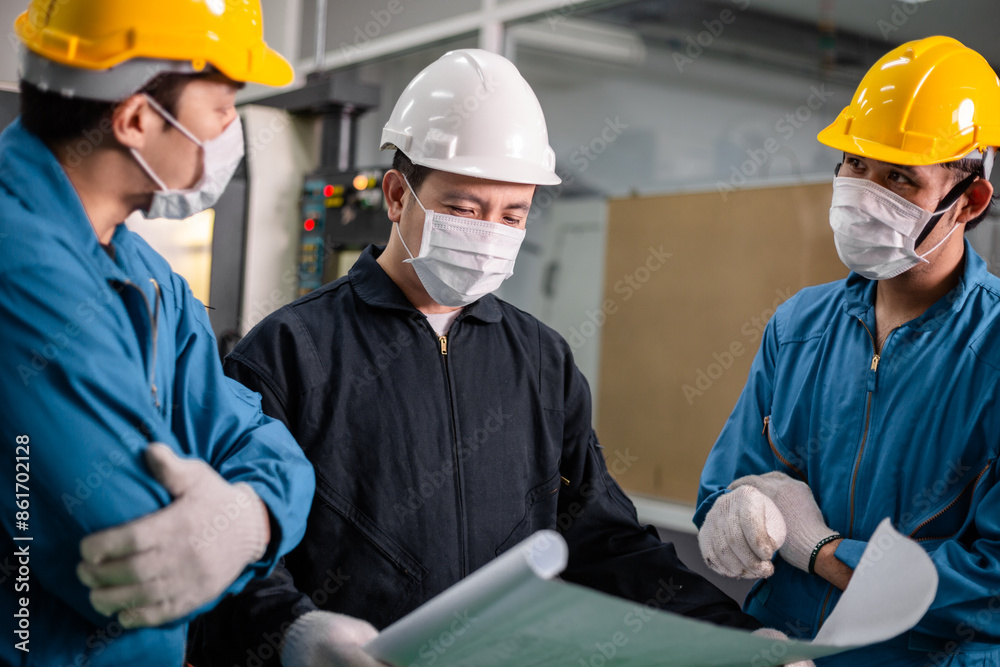 Asian team engineer worker discuss about factory project on planning paper with foreman at industrial plant industry. teamwork corporate people concept Asian team engineer worker discuss about factory project on planning paper with foreman at industrial plant industry. teamwork corporate people concept