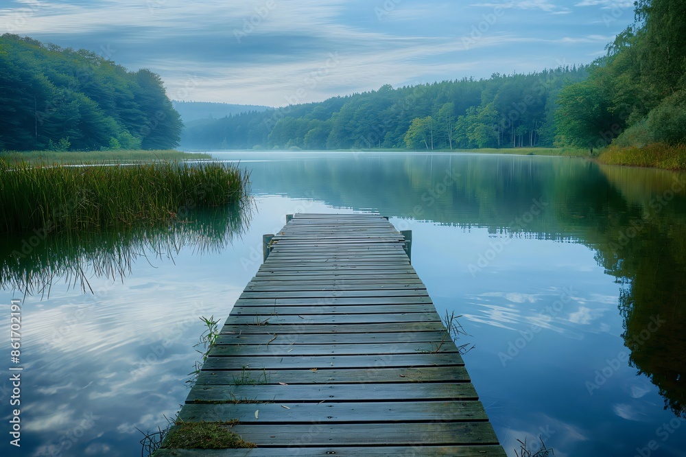 Wooden pier extending into a serene lake, reflecting the sky and the surrounding forest in the calm morning water Wooden pier extending into a serene lake, reflecting the sky and the surrounding forest in the calm morning water