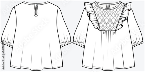 ELBOW LENGTH PUFF SLEEVES WOVEN TOP WITH SMOCKING BIB DETAIL DESIGNED FOR TEEN GIRLS AND KID GIRLS IN VECTOR