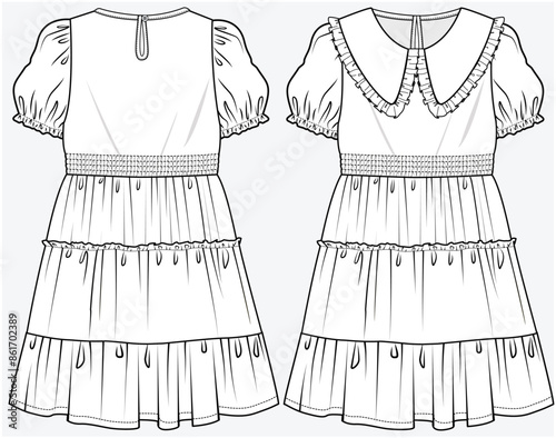 PETERPAN COLLAR PUFF SLEEVES TIERED DRESS DESIGNED FOR TEEN GIRLS AND KID GIRLS IN VECTOR FILE