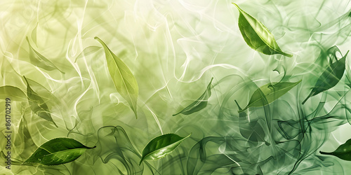 Abstract background with swirling tea leaves and steam, creating a calming and aromatic atmosphere, ideal for promoting tea products or herbal drinks