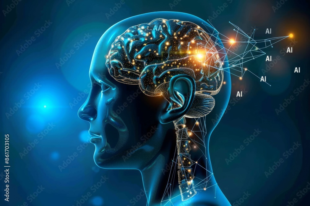 AI brain with digital network, illustrating advanced artificial intelligence connections and tech innovation AI brain with digital network, illustrating advanced artificial intelligence connections and tech innovation