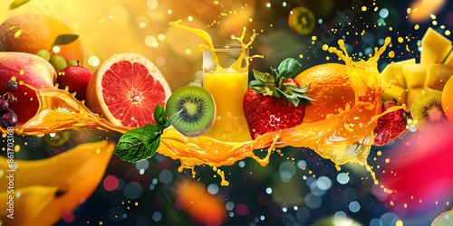Dynamic background with vibrant fruit splashes, creating a colorful and refreshing feel, perfect for fruit juices or smoothies