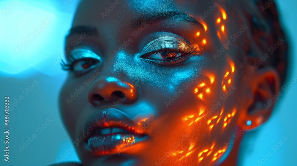 Full face of black african-american women, Face with cosmetic on multi light neon background Full face of black african-american women, Face with cosmetic on multi light neon background