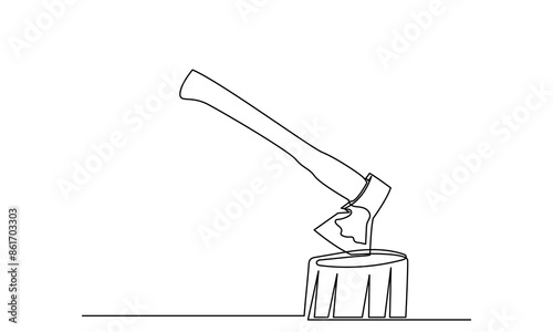 Continuous line drawing of Tree stump with axe .axe is stuck at the stump. A hatchet stuck in the wood. wood devastation, and ecosystem destruction concept of Forest, camping, and hiking vector.