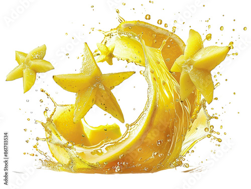 A splash of yellow fruit juice with starfruit pieces.