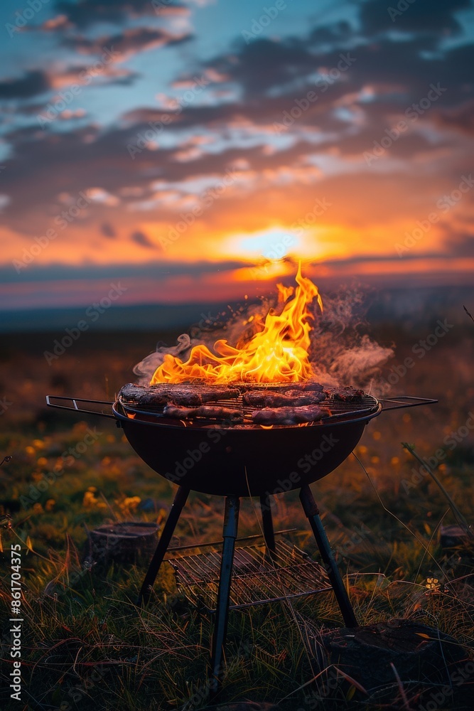 Grilling barbecue at sunset with fiery flames in the countryside, creating a warm and inviting outdoor cooking experience. Grilling barbecue at sunset with fiery flames in the countryside, creating a warm and inviting outdoor cooking experience.