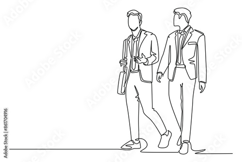 Continuous one line drawing two young success company manager take a walking and talking together after office hour. Business conversation concept. Single line draw design vector graphic illustration
