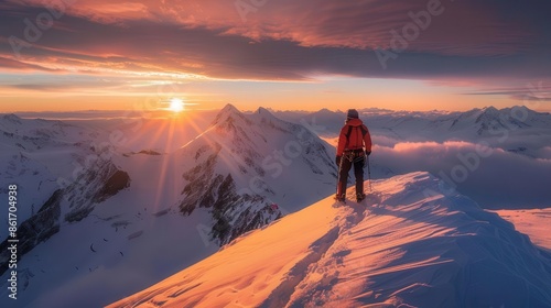 triumphant mountaineer witnessing a breathtaking sunset after reaching the summit landscape photography © Jelena