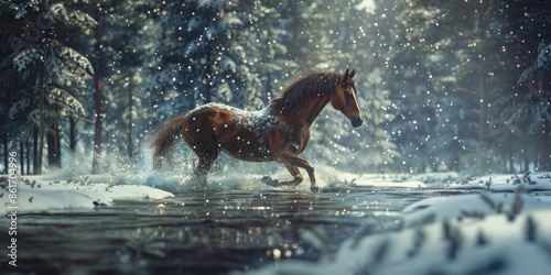 Illustrate a horse trotting through a snowy forest, with its breath visible in the cold air and snowflakes falling gently around photo