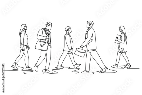 Single continuous line drawing group urban male and female commuters walking every day on city road go to the office. Urban commuter workers. Dynamic one line draw graphic design vector illustration