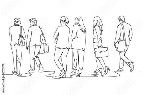 Single one line drawing back view of male and female startup CEO walking together to workshop room to present their proposal. Urban commuter workers. Continuous line design graphic vector illustration