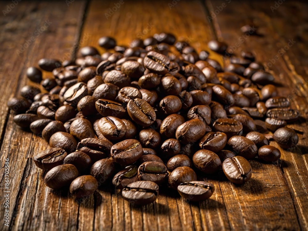 Fototapeta premium Granos de café tostado sobre mesa de madera rústica 