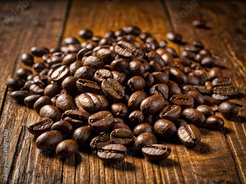 Granos de café tostado sobre mesa de madera rústica 