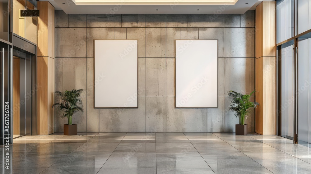 two vertical poster mockups hanging on elevator lift wall interior design two vertical poster mockups hanging on elevator lift wall interior design